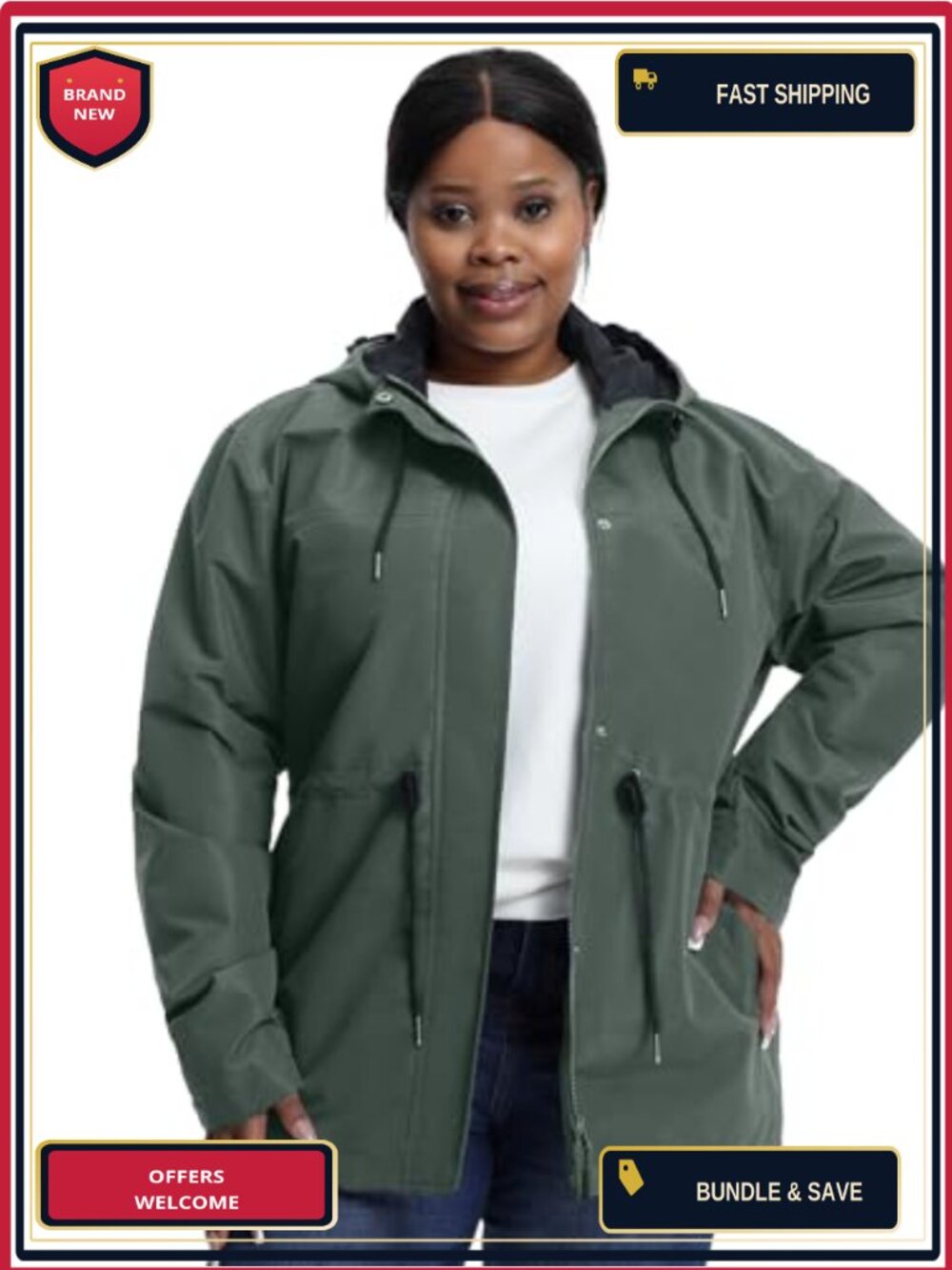 Plus Size Women's Water-Resistant Windbreaker Jacket with Hood